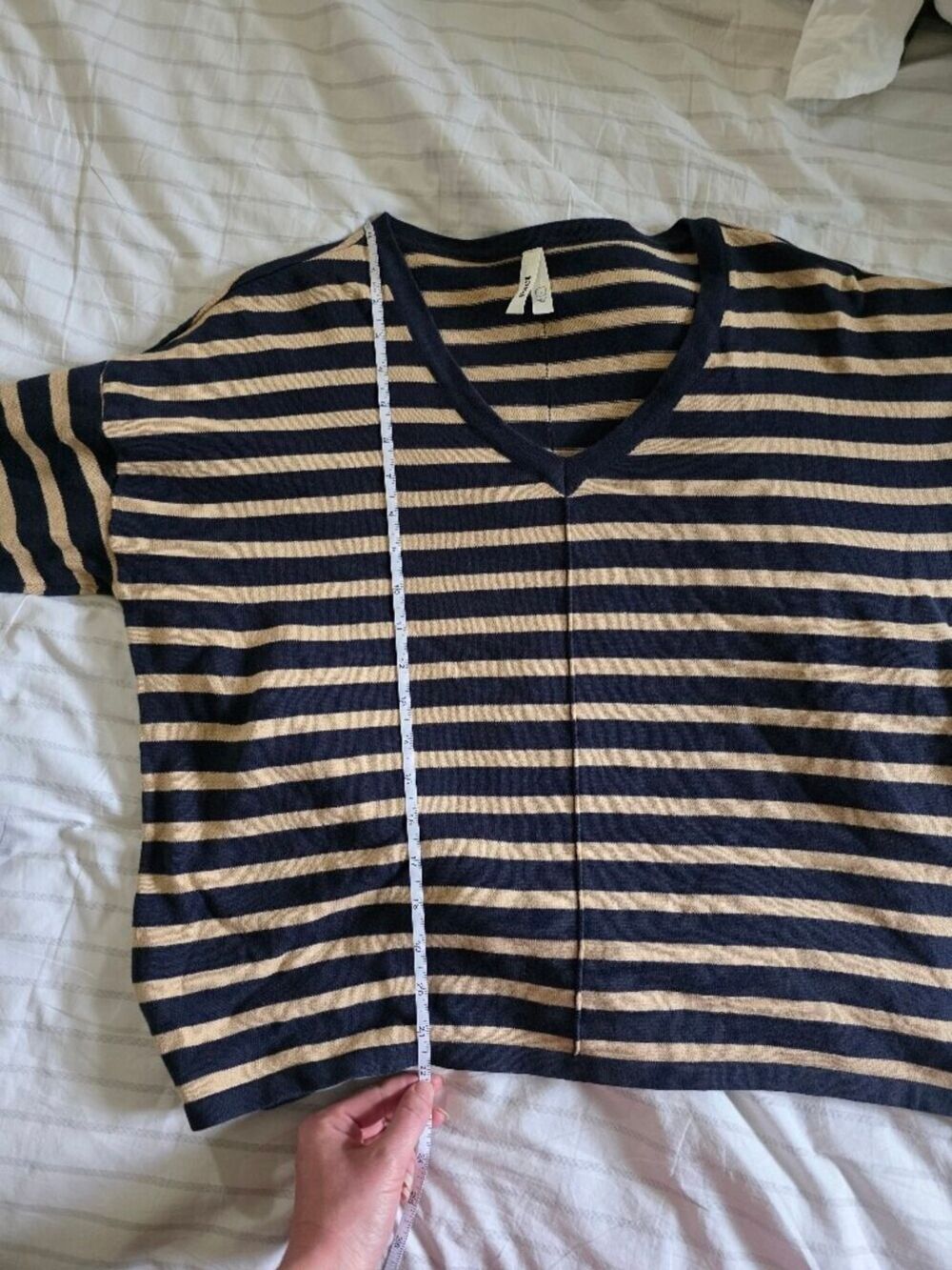 Pact V-Neck Long Sleeve Top Navy Beige Stripe - Picture 9 of 10